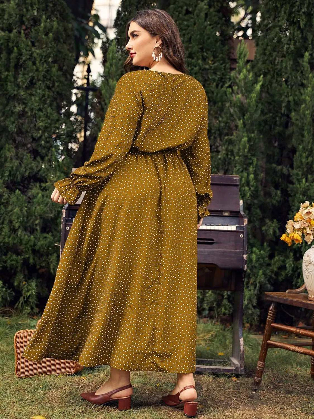 Plus Size Ruffled Polka Dot Long Sleeve Midi Dress - Trendsi - Flyclothing LLC