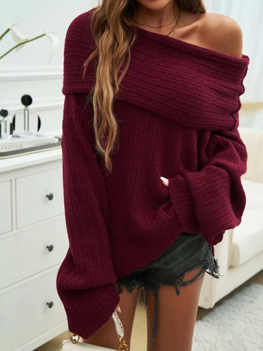 Off-Shoulder Extra-Long Sleeve Sweater - Trendsi - Flyclothing LLC