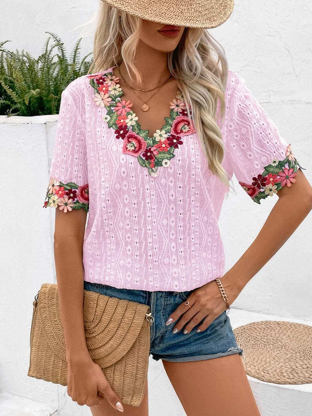 Eyelet Embroidered V-Neck Short Sleeve Blouse - Trendsi - Flyclothing LLC