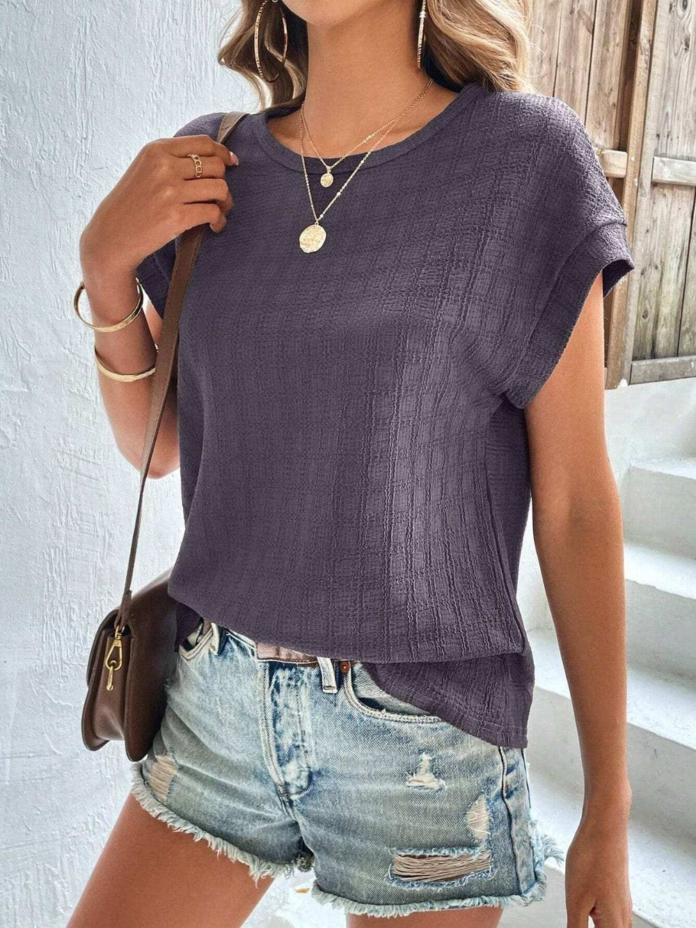 Textured Round Neck Short Sleeve Top - Trendsi - Flyclothing LLC