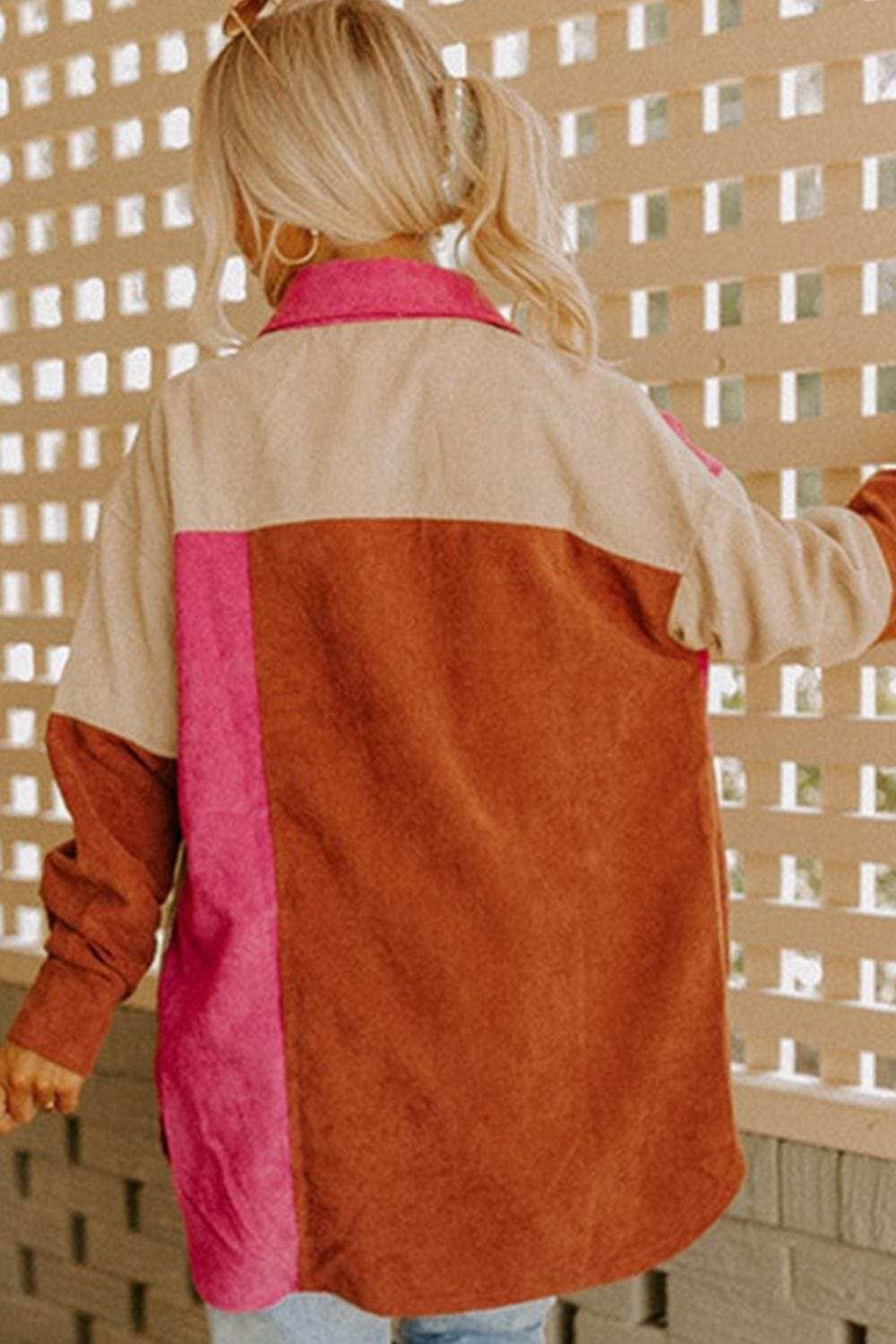 Color Block Curved Hem Corduroy Shacket with Pocket - Trendsi - Flyclothing LLC