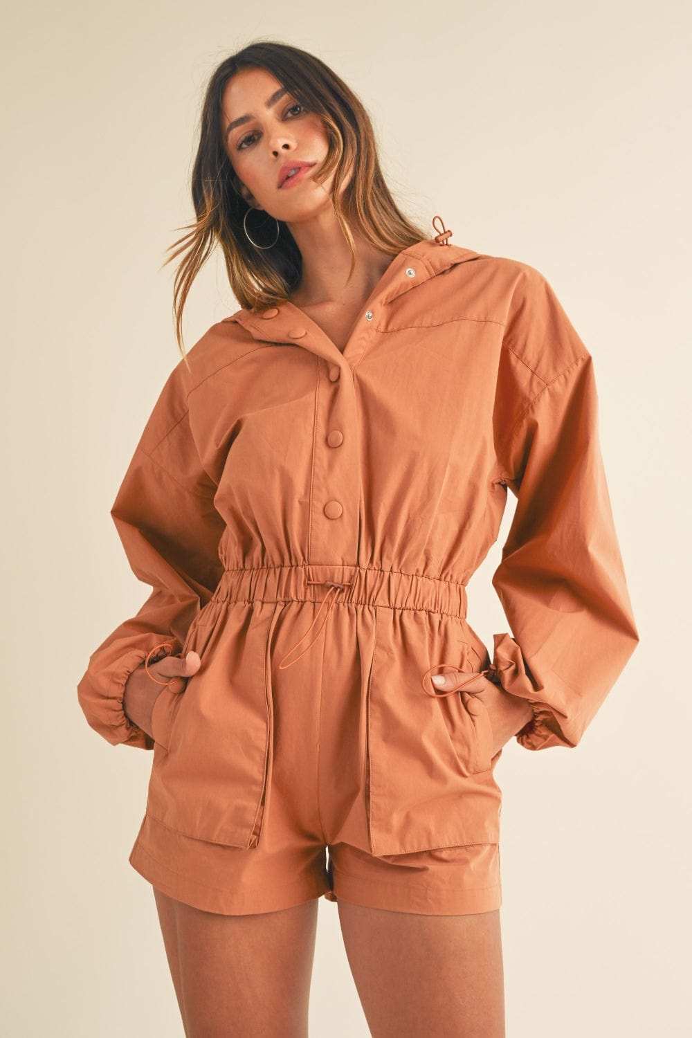 Mable Snap Down Long Sleeve Hooded Romper - Trendsi - Flyclothing LLC