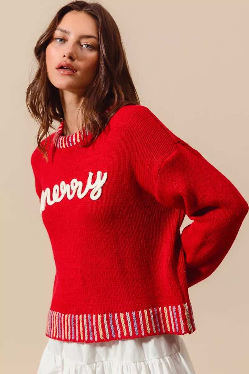 SO ME Merry Lettering Embroidered Christmas Sweater - Trendsi - Flyclothing LLC