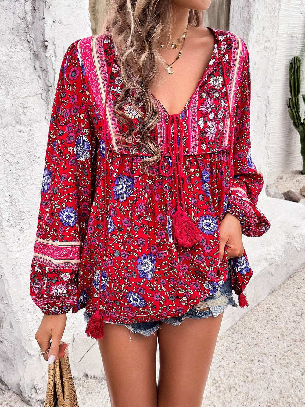 Printed Tie Neck Long Sleeve Blouse - Trendsi - Flyclothing LLC