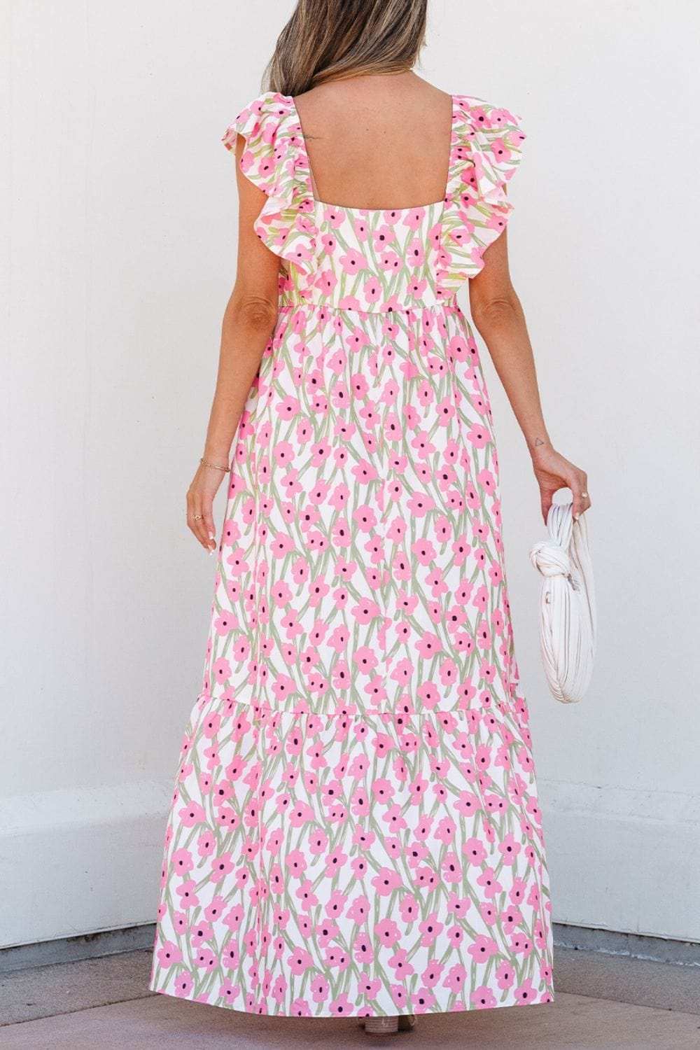 Floral Print Square Neck Ruffled Cap Sleeve Maxi Dress - Trendsi - Flyclothing LLC