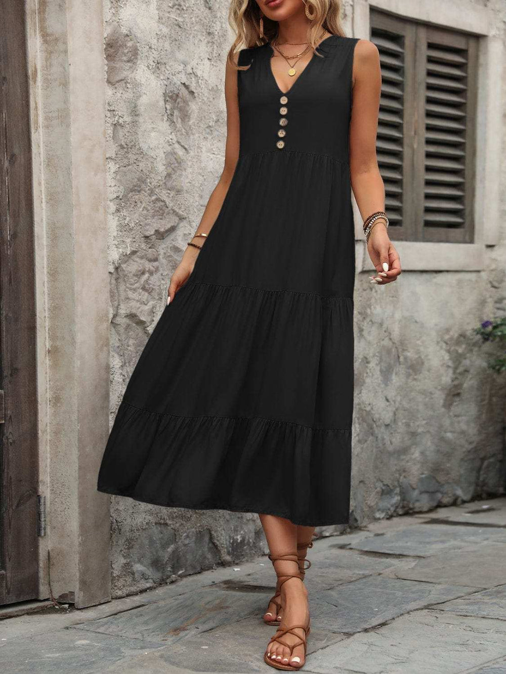 Decorative Button Notched Sleeveless Dress - Trendsi - Flyclothing LLC
