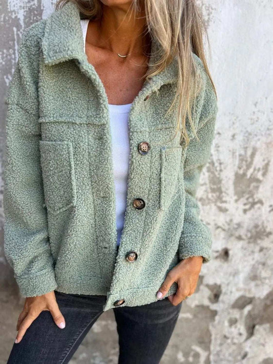 Full Size Fuzzy Button Up Drop Shoulder Jacket - Trendsi - Flyclothing LLC