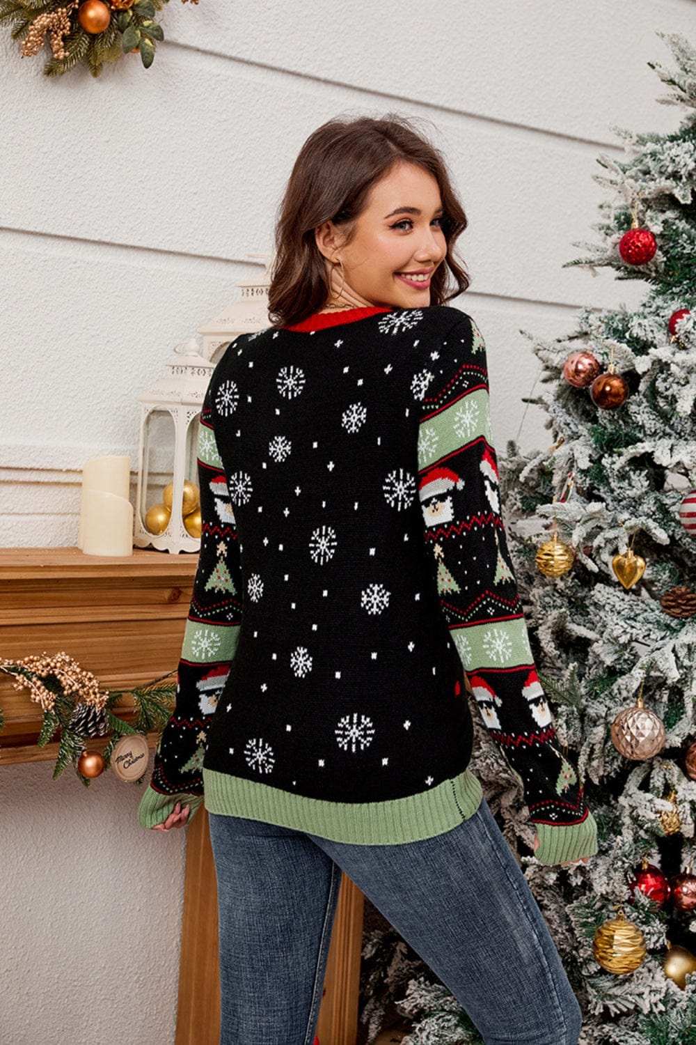 Contrast Christmas Pattern Round Neck Sweater - Trendsi - Flyclothing LLC