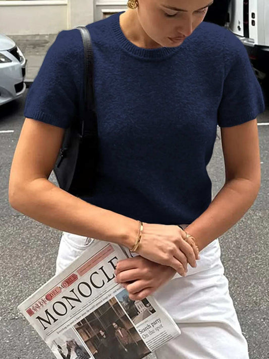 Round Neck Short Sleeve Sweater - Trendsi - Flyclothing LLC