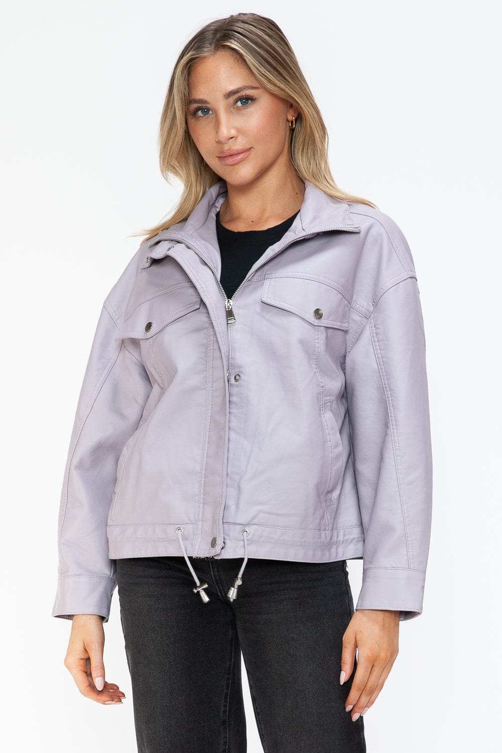 How Dare U Drawstring Hem PU Leather Zip Up Jacket - Trendsi - Flyclothing LLC