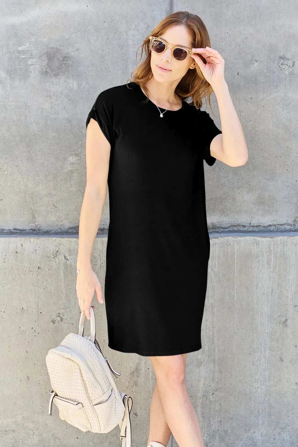 Basic Bae Bamboo Full Size Round Neck Short Sleeve Dress with Pockets - Trendsi - Flyclothing LLC