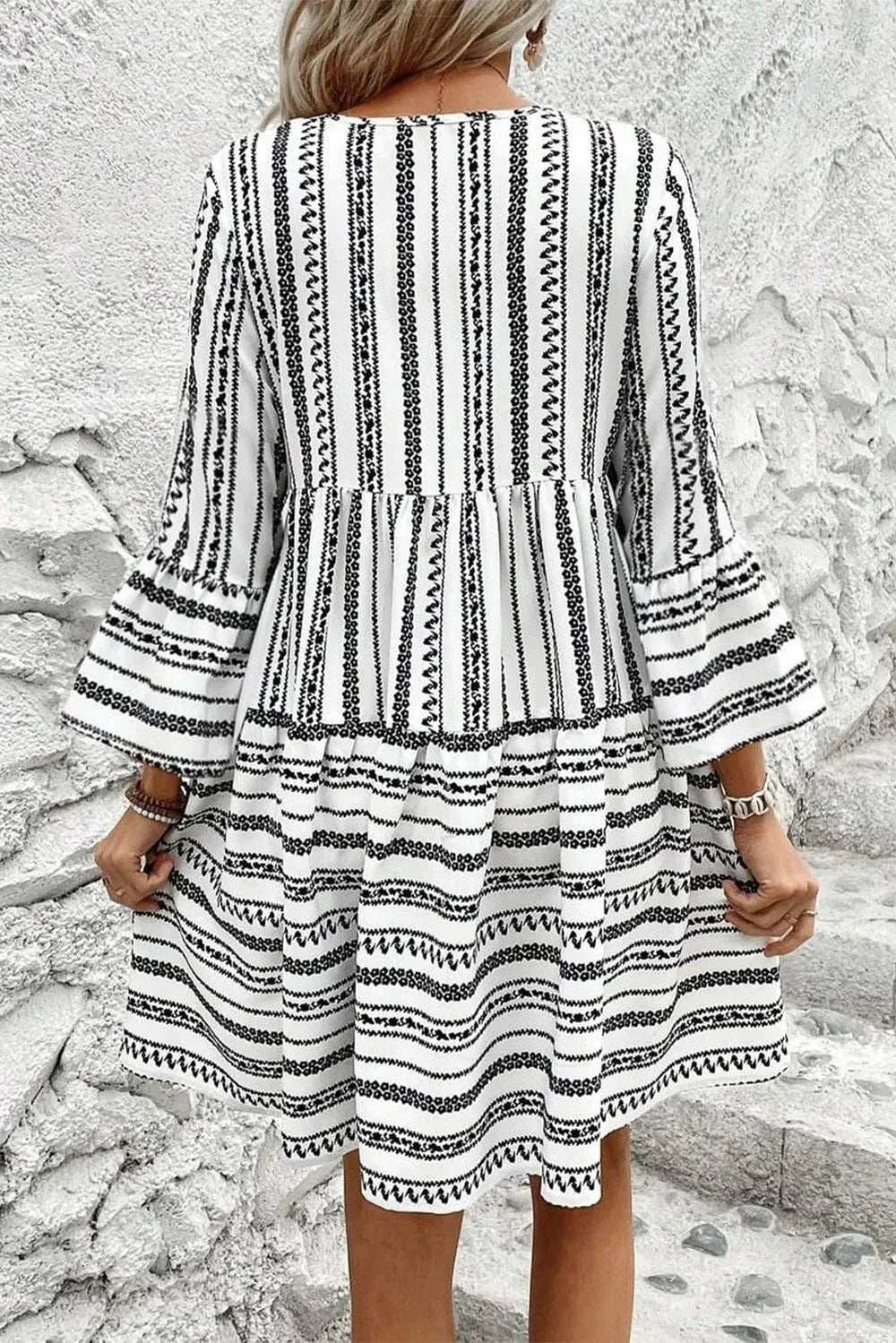 Printed Tie Neck Three-Quarter Sleeve Mini Dress - Trendsi - Flyclothing LLC