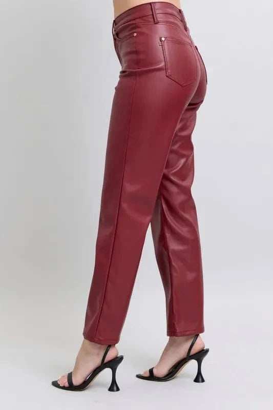 Judy Blue Full Size High Waist Tummy Control Faux Leather Straight Pants Plus Size - Trendsi - Flyclothing LLC