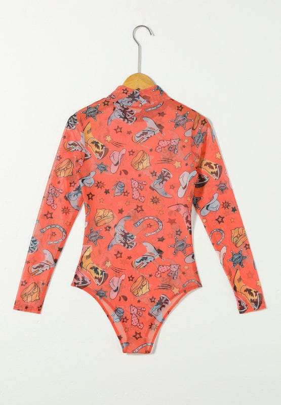 Printed Mock Neck Long Sleeve Bodysuit - Trendsi - Flyclothing LLC