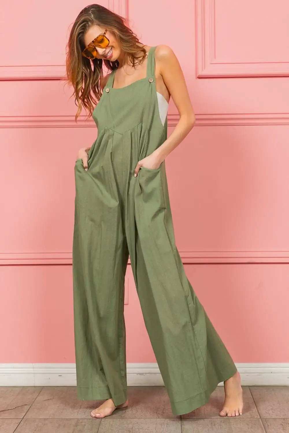BiBi Ruched Wide Leg Overalls with Pockets - Trendsi - Flyclothing LLC
