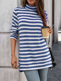 Striped Turtleneck Long Sleeve Knit Top - Trendsi - Flyclothing LLC