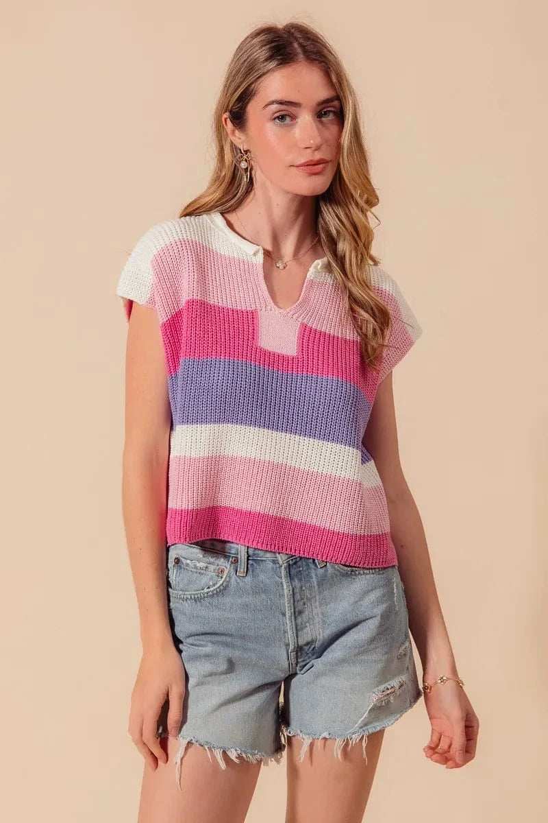 SO ME Multi Color Stripe Loose Fit Cap Sleeve Sweater Top - Trendsi - Flyclothing LLC