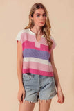 SO ME Multi Color Stripe Loose Fit Cap Sleeve Sweater Top - Trendsi - Flyclothing LLC