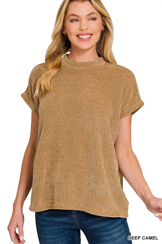 Zenana Chenille Waffle Cap Sleeve Sweater - Trendsi - Flyclothing LLC