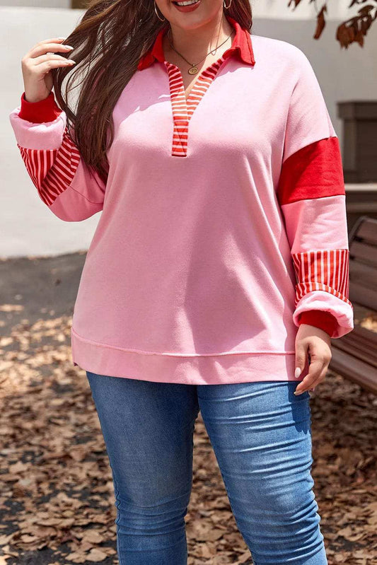 Plus Size Color Block Johnny Collar Long Sleeve Sweatshirt - Trendsi - Flyclothing LLC