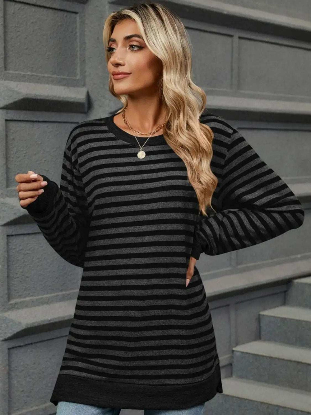 Striped Round Neck Long Sleeve T-Shirt - Trendsi - Flyclothing LLC