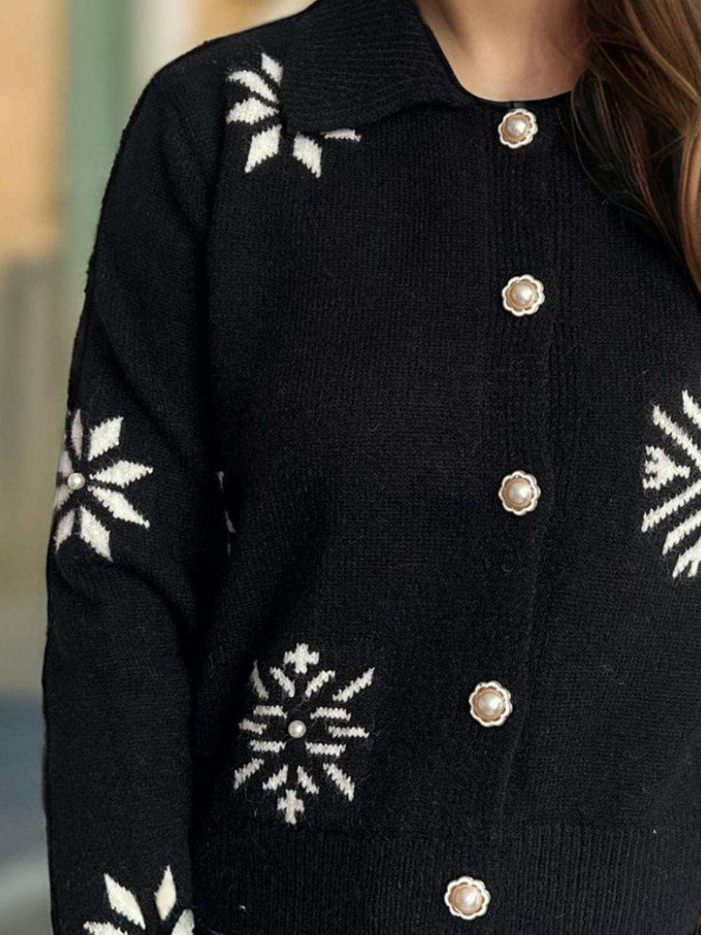 Pearl Trim Collared Neck Long Sleeve Cardigan - Trendsi - Flyclothing LLC