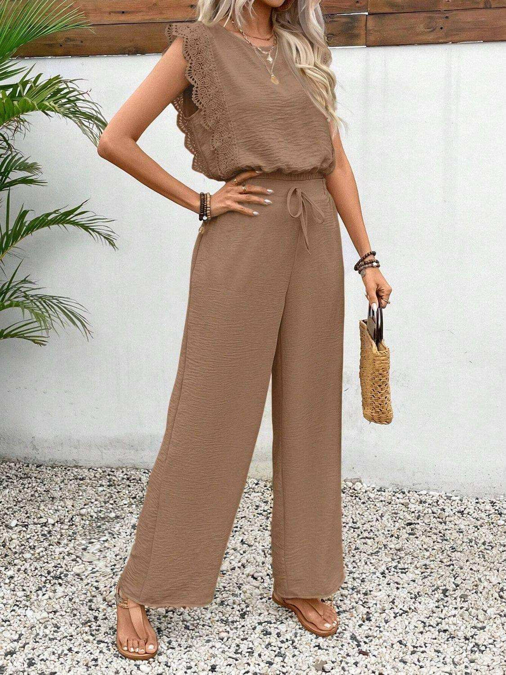 Lace Trim Round Neck Top and Pants Set - Trendsi - Flyclothing LLC