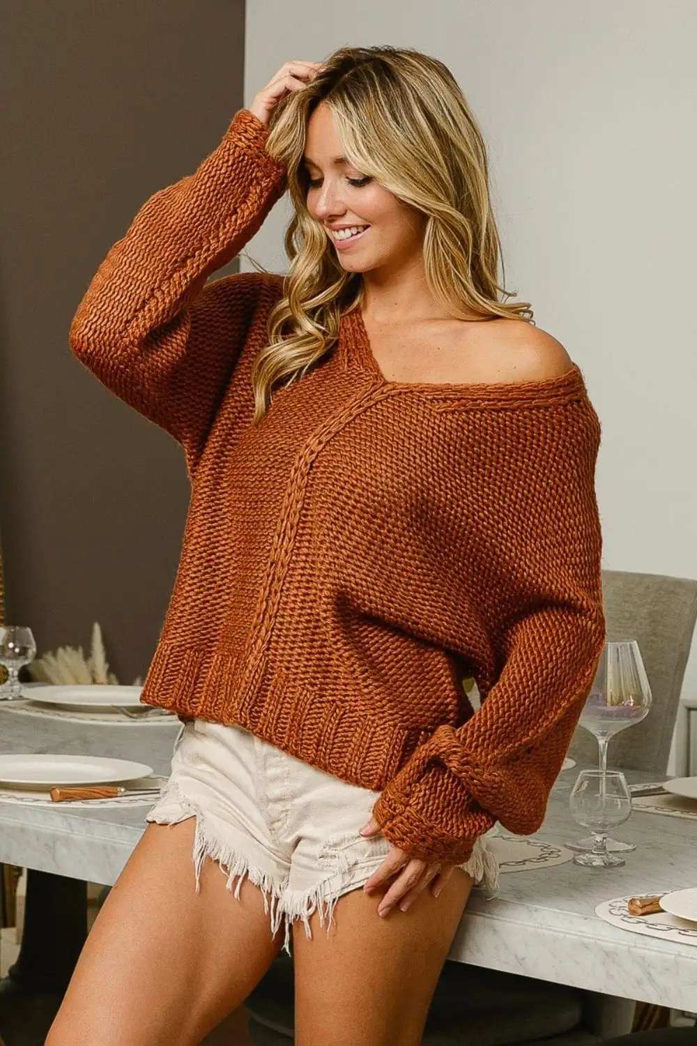 BiBi V-Neck Cable Knit Sweater - Trendsi - Flyclothing LLC