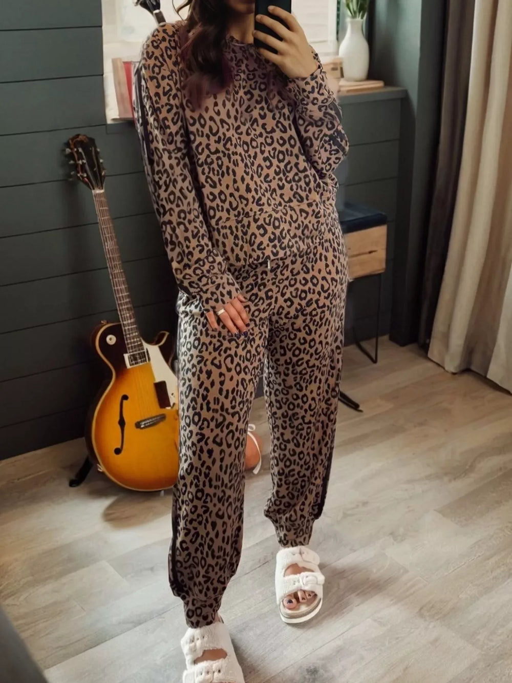 Striped Trim Leopard Long Sleeve Top Drawstring Pant Set - Trendsi - Flyclothing LLC