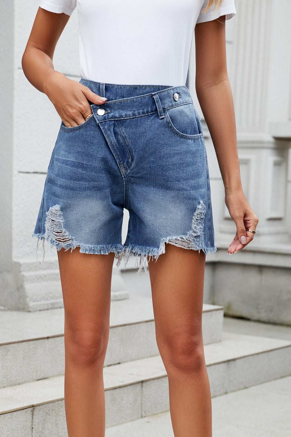 Distressed Raw Hem Asymmetric Waist Denim Shorts - Trendsi - Flyclothing LLC