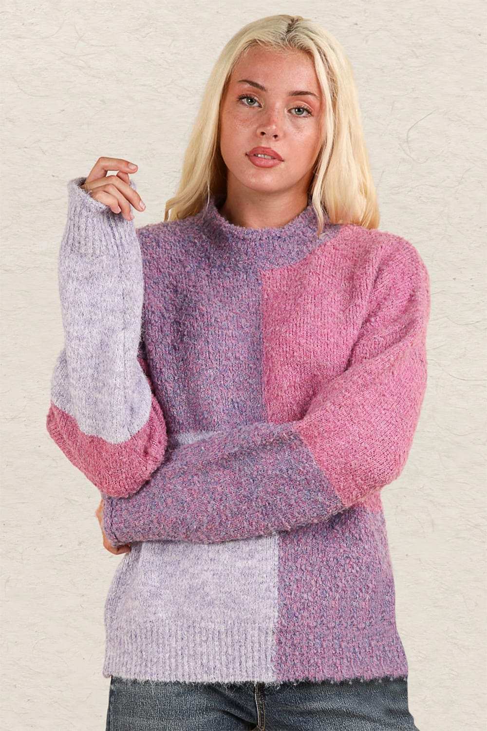 VERY J Color Block Mock Neck Drop Shoulder Sweater - Trendsi - Flyclothing LLC