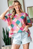 HOPELY Full Size Multi Colored Argyle Side Slit T-Shirt - Trendsi - Flyclothing LLC