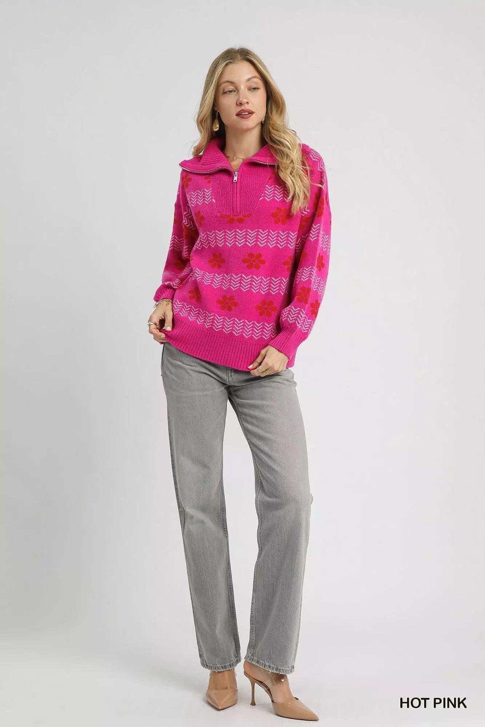 Umgee Floral Patterned Jacquard Quarter-Zip Pullover Sweater - Trendsi - Flyclothing LLC