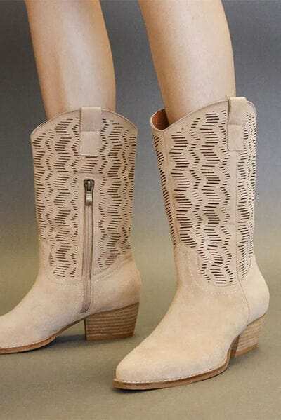 Beast Fashion Faux Suede Laser Cut Detail Block Heel Boots - Trendsi - Flyclothing LLC