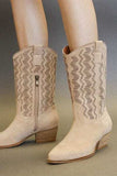 Beast Fashion Faux Suede Laser Cut Detail Block Heel Boots - Trendsi - Flyclothing LLC