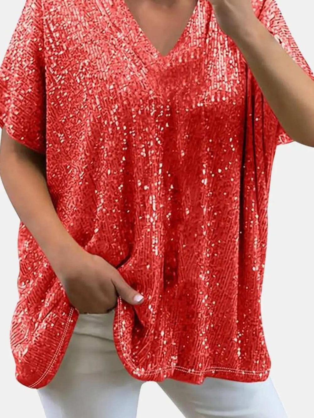 Full Size Sequin V-Neck Short Sleeve Top - Trendsi - Flyclothing LLC