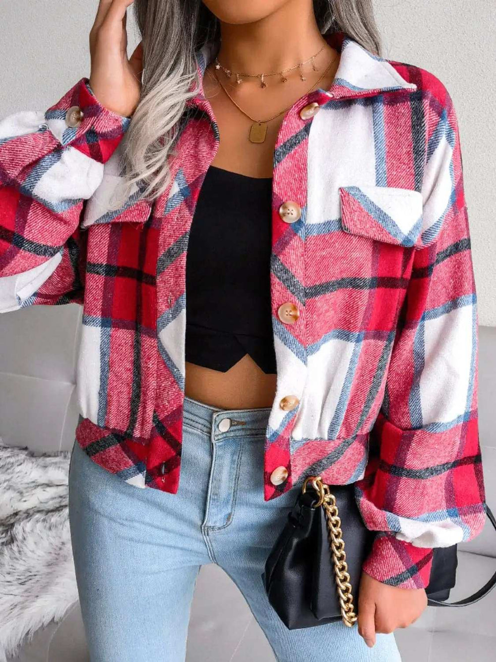 Plaid Collared Neck Long Sleeve Jacket - Trendsi - Flyclothing LLC