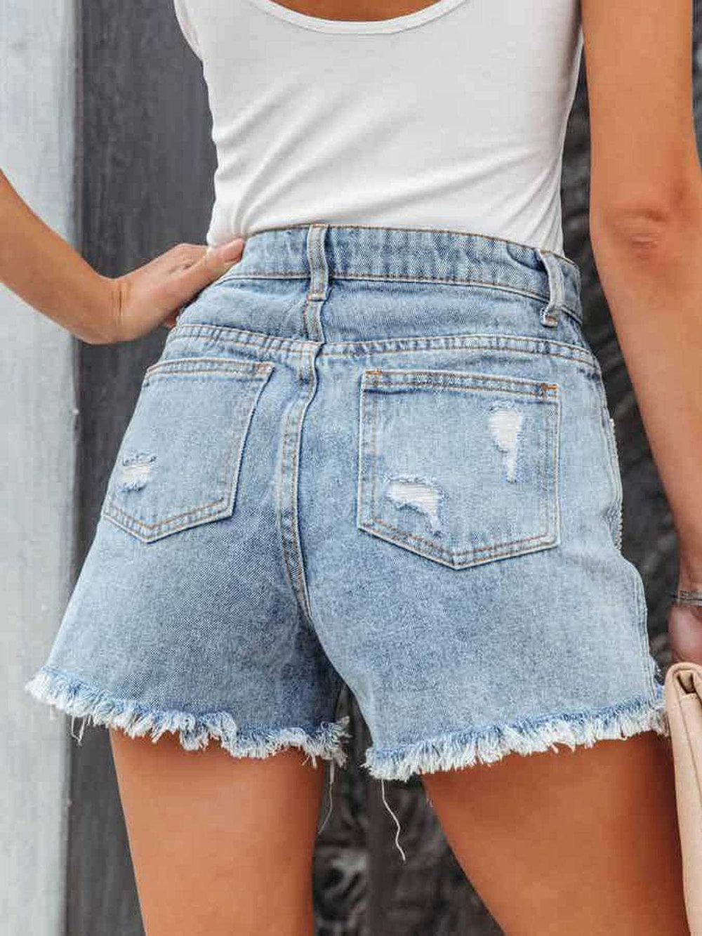 Distressed Fringe Denim Shorts with Pockets - Trendsi - Flyclothing LLC