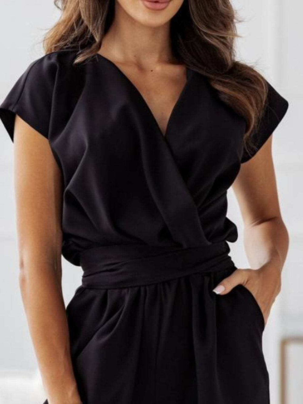 Surplice Cap Sleeve Tie Waist Jumpsuit - Trendsi - Flyclothing LLC