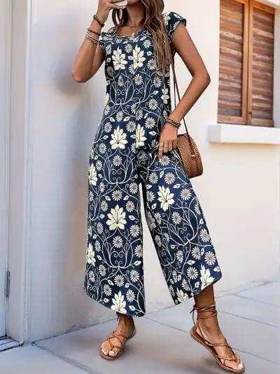 Perfee Printed Round Neck Cap Sleeve Wide Leg Jumpsuit - Trendsi - Flyclothing LLC