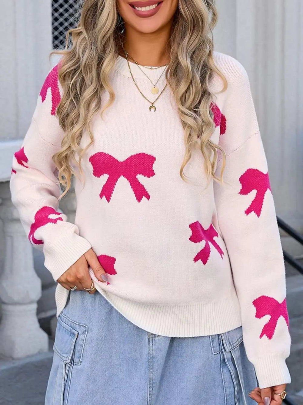 Bow Round Neck Dropped Shoulder Sweater - Trendsi - Flyclothing LLC