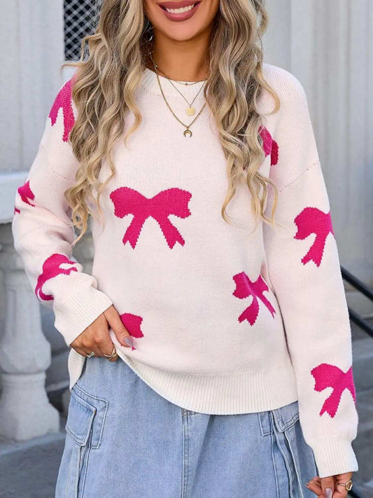 Bow Round Neck Dropped Shoulder Sweater - Trendsi - Flyclothing LLC