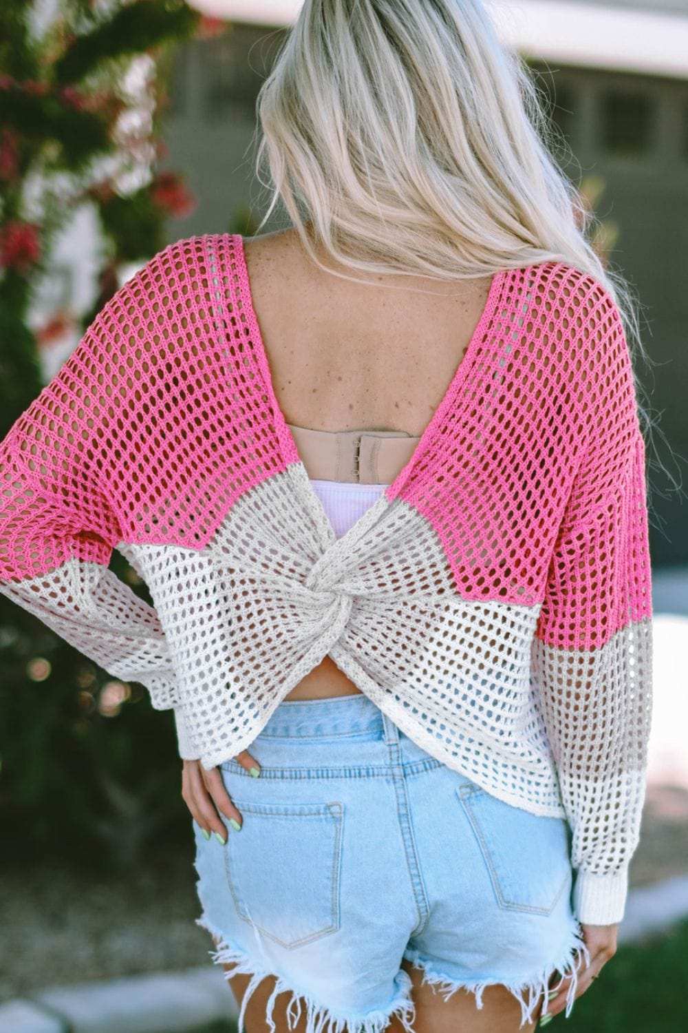 Twisted Back Round Neck Contrast Knit Cover Up - Trendsi - Flyclothing LLC