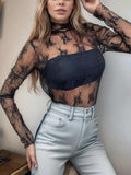 Floral Mock Neck Long Sleeve Mesh Top - Trendsi - Flyclothing LLC