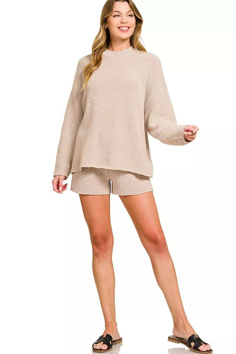 Zenana Round Neck Knit Top and Shorts Sweater Set - Trendsi - Flyclothing LLC