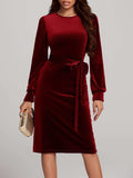 Round Neck Tie Waist Long Sleeve Velvet Dress - Trendsi - Flyclothing LLC