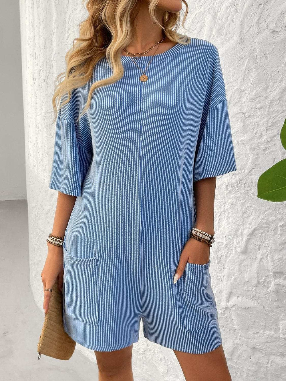 Backless Textured Round Neck Half Sleeve Romper - Trendsi - Flyclothing LLC