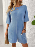 Backless Textured Round Neck Half Sleeve Romper - Trendsi - Flyclothing LLC