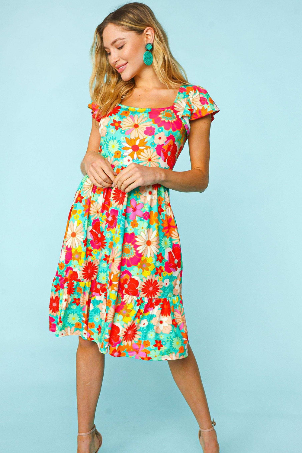 Haptics Floral Square Neck Short Sleeve Dress - Trendsi - Flyclothing LLC