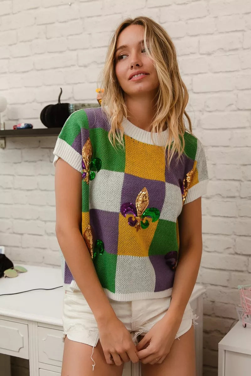 BiBi Sequin Embroidery Mardi Gras Checker Sweater Top - Trendsi - Flyclothing LLC